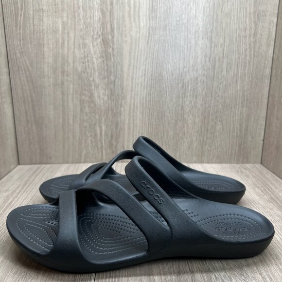 Crocs Kadee II Slide Sandals Womens 11 Slip On Z-Strap Water Friendly Flat Black - Picture 2 of 9